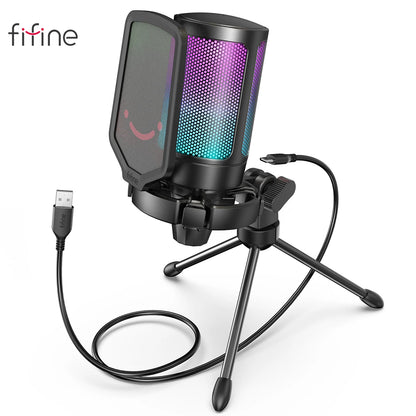 Micrófono Condensador USB FIFINE para Gaming | Compatible con PC, PS4, PS5 y Mac | Incluye Filtro Anti-Pop, Soporte Antivibración y Control de Ganancia