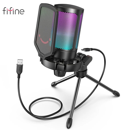 Micrófono Condensador USB FIFINE para Gaming | Compatible con PC, PS4, PS5 y Mac | Incluye Filtro Anti-Pop, Soporte Antivibración y Control de Ganancia