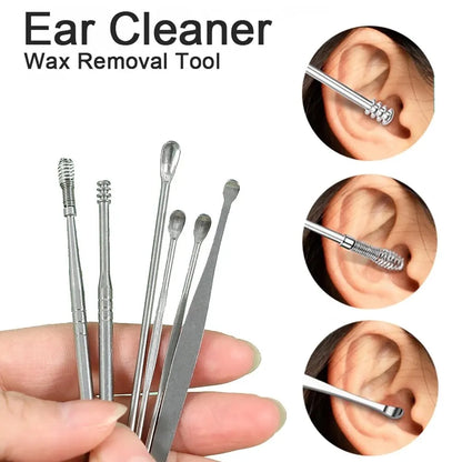 Kit de 6 Cucharillas Removedoras de Cera para Oídos de Acero Inoxidable - Herramienta de Cuidado para la Limpieza Auditiva