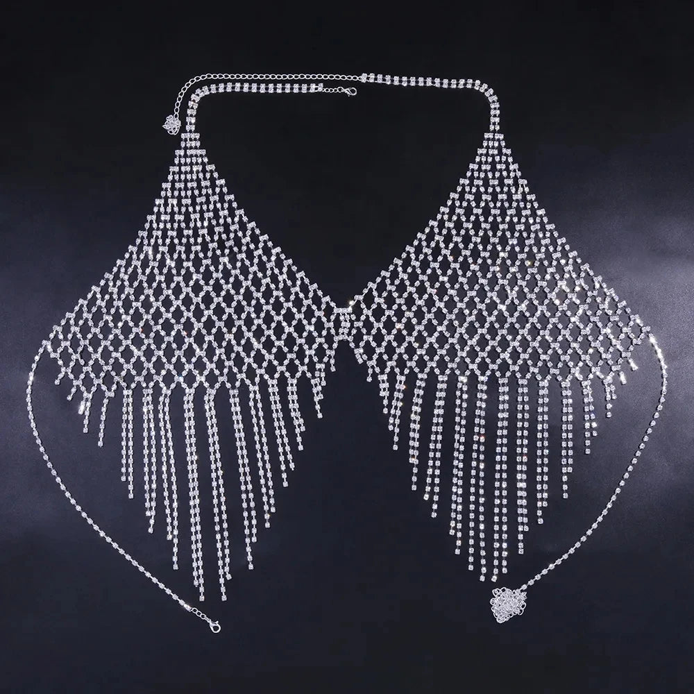 Collar de Cadena de Pecho con Borlas de Malla para Mujer, Lencería Sexy y Traje de Festival de Cristal de Lujo, Bikini y Sujetadores 2023