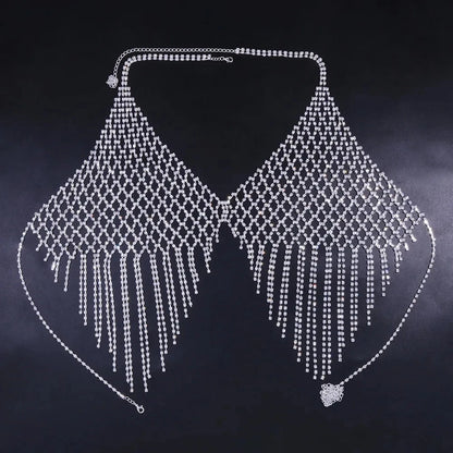 Collar de Cadena de Pecho con Borlas de Malla para Mujer, Lencería Sexy y Traje de Festival de Cristal de Lujo, Bikini y Sujetadores 2023