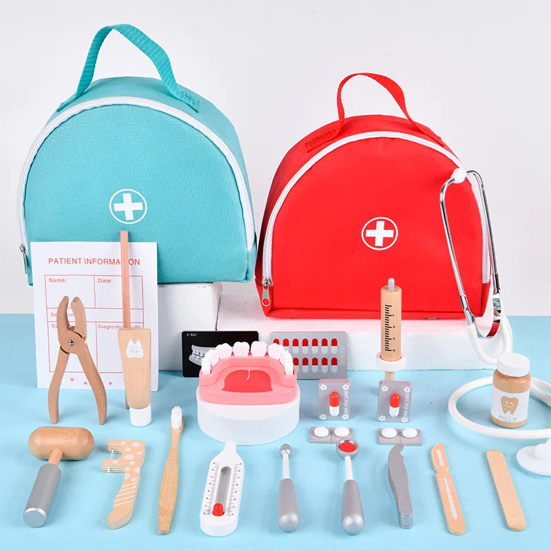 Juguetes Educativos de Simulación de Dentista de Madera, Set de Role Playing para Niños, Juego de Cepillado de Dientes y Medicina