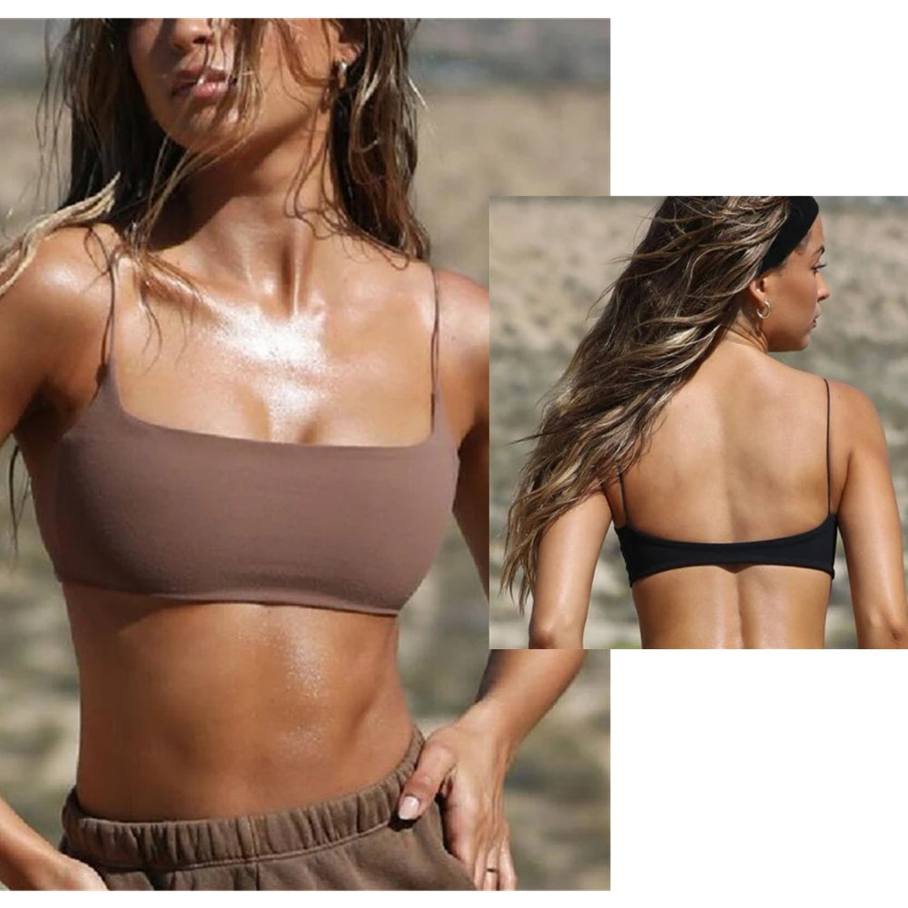 Sujetador Deportivo Unisex de Nailon Estirable con Tirantes Anchos, Dobladillo Curvado, Secado Rápido y Soporte Ligero para Yoga y Pilates