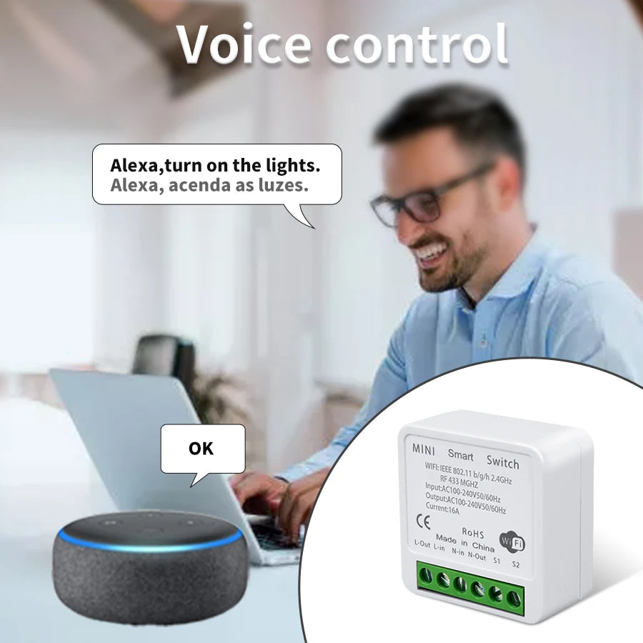 Interruptor Inteligente WiFi Tuya para Iluminación con RF 433MHz, Control por Voz y App Smart Life, Compatible con Alexa y Google Home