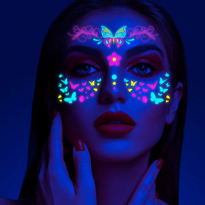 Set de 8 Calcomanías de Mariposa Fluorescentes | Tatuajes de Cara para Fiesta y Club Nocturno | Tatuajes Neón Impermeables para Festival de Música