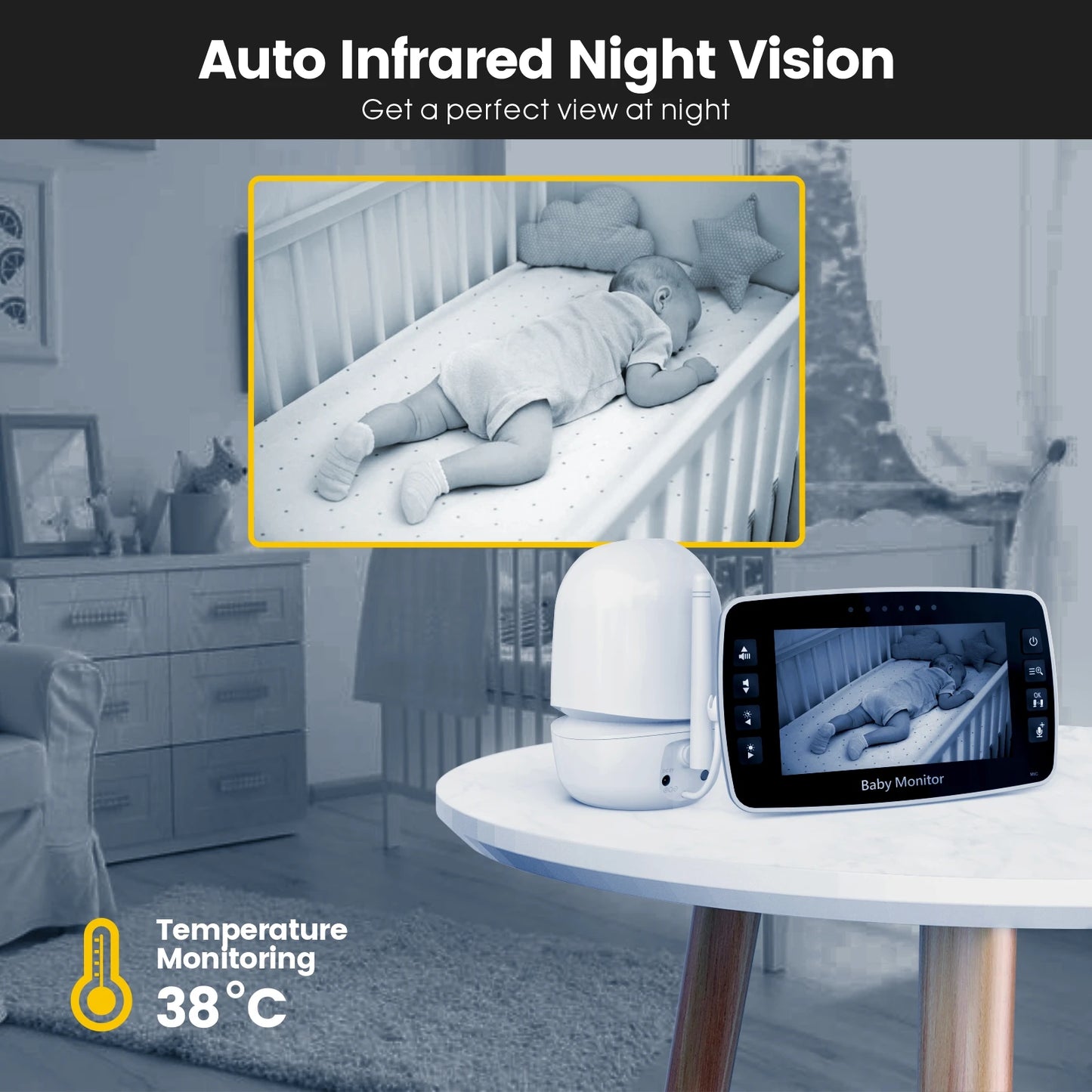 Monitor de Bebé Inalámbrico PTZ con Pantalla IPS de 4.3'' y Cámara de Intercomunicador con Visión Nocturna y Monitor de Temperatura