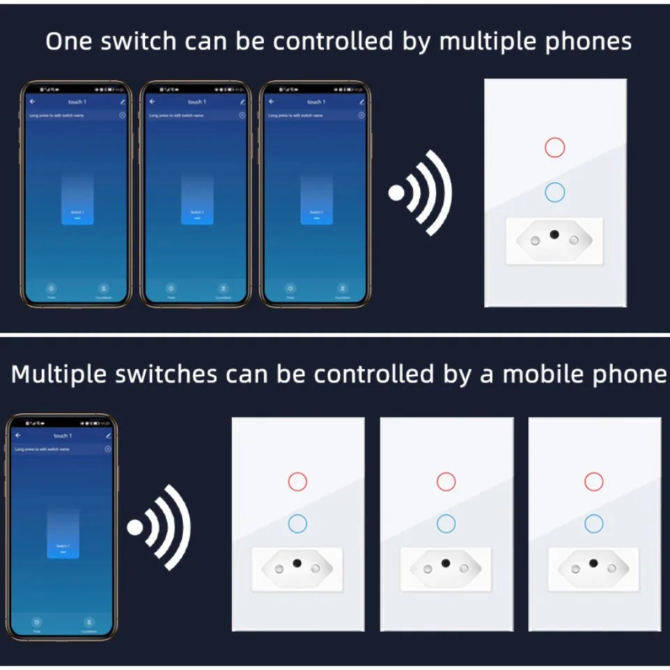 Interruptor de Pared Inteligente Wifi VISWE Tuya BR/USA 1/2 Gang, Panel de Vidrio Templado con Control de Voz para Alexa y Google Home
