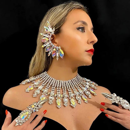 Pendientes de Clip de Oreja Exagerados con Diamantes de Imitación Brillantes para Mujer, Pendientes Grandes sin Perforación, Cristal de Color AB, Joyería de Puño de Declaración
