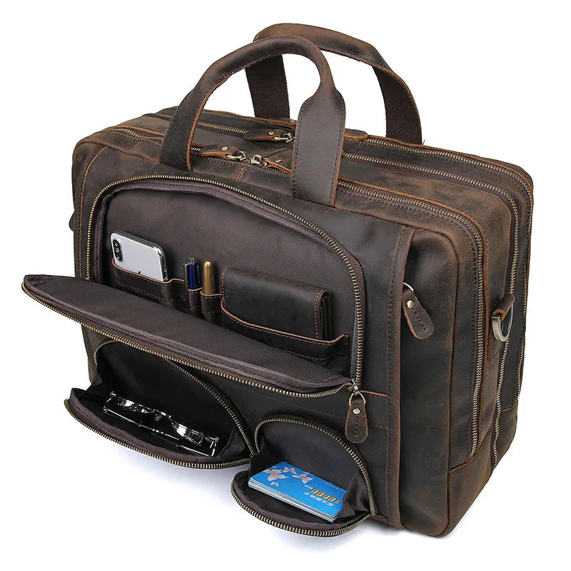 Mochila de Cuero Genuino para Laptop de 17.3 Pulgadas - Maletín de Negocios Retro para Hombre, Bolsa Grande de Viaje y Oficina