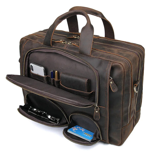 Mochila de Cuero Genuino para Laptop de 17.3 Pulgadas - Maletín de Negocios Retro para Hombre, Bolsa Grande de Viaje y Oficina