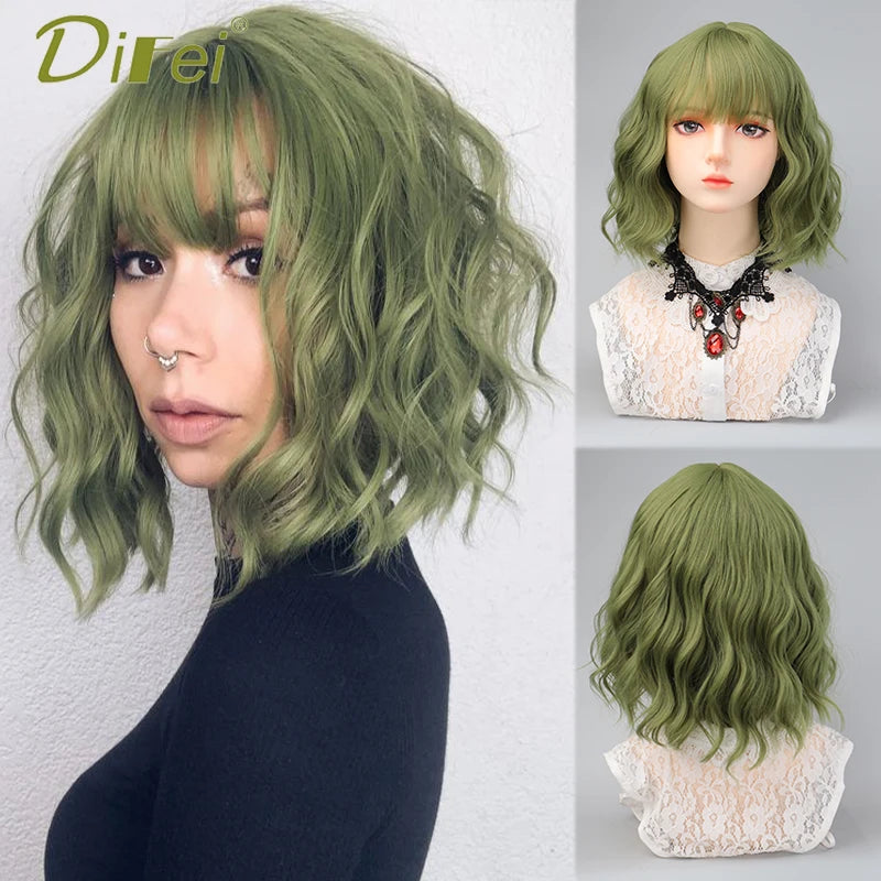 Peluca Sintética Corta con Flequillo para Mujer, Peluquín Verde Natural de Cosplay de Alta Calidad
