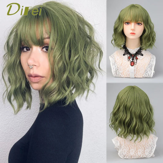 Peluca Sintética Corta con Flequillo para Mujer, Peluquín Verde Natural de Cosplay de Alta Calidad