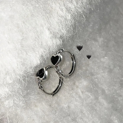 Pendientes de Aro de Plata de Ley 925 con Corazón Negro - Joyería Elegante para Mujer