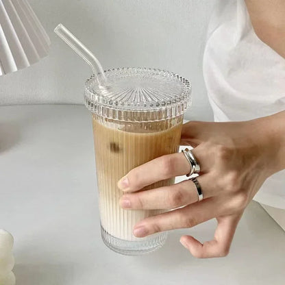 Vaso de Vidrio con Tapa y Popote 375ml | Diseño Japonés Elegante | Tazas para Café, Té, Leche o Whisky | Regalo Perfecto