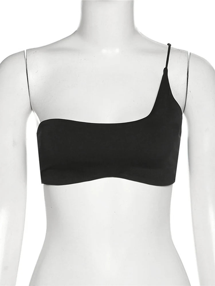 Top de Mujer con Un Solo Hombro | Crop Top Sin Mangas Slim, Color Negro, Estilo Verano