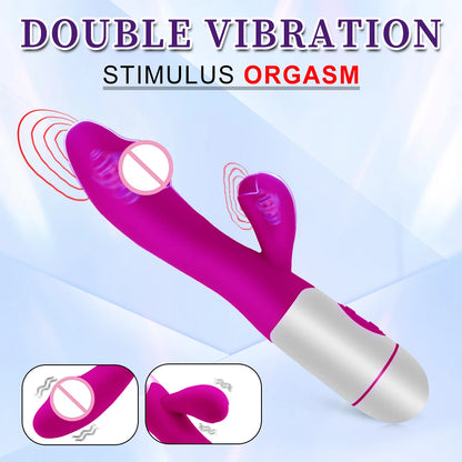 Vibrador Rabbit Recargable, Dildo Dual con Vibración, Masajeador de Punto G y Clítoris, Juguete Sexual para Mujeres
