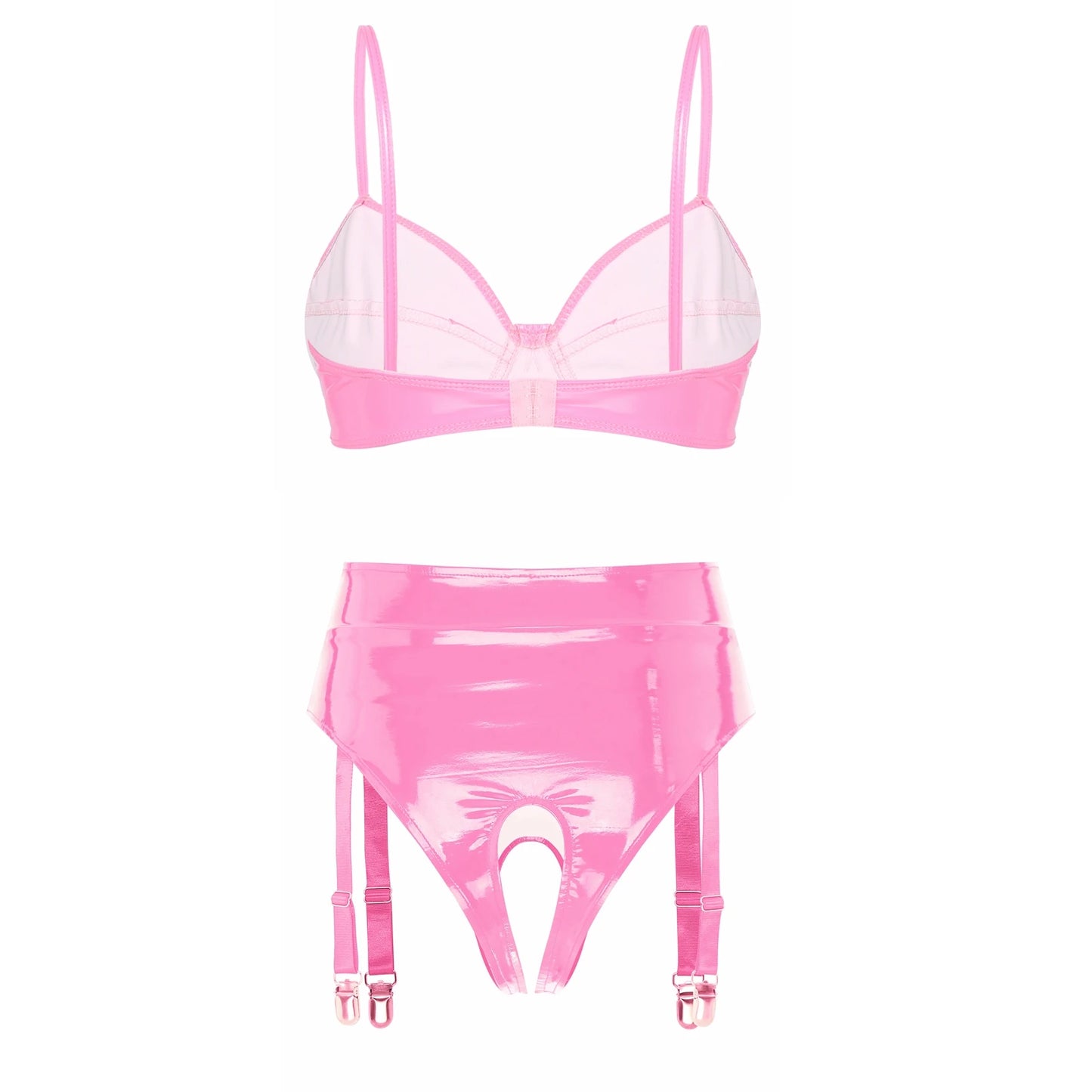 Set de Lencería de Cuero Brillante para Mujer - Sujetador sin Aros y Tanga de Cintura Alta con Clips de Liguero, Ideal para Clubwear