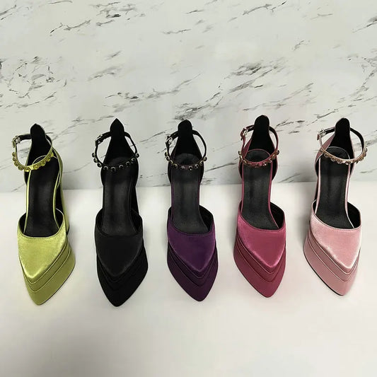 Zapatos de Tacón Alto de Mujer 2024 – Bombas de Satén con Plataforma de Agua y Punta Afilada, Ideal para Desfiles de Moda