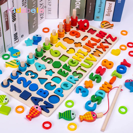 Wooden Number Puzzle Sorting Montessori Toys – Educational Shape Sorter & Counting Fishing Game for Toddlers