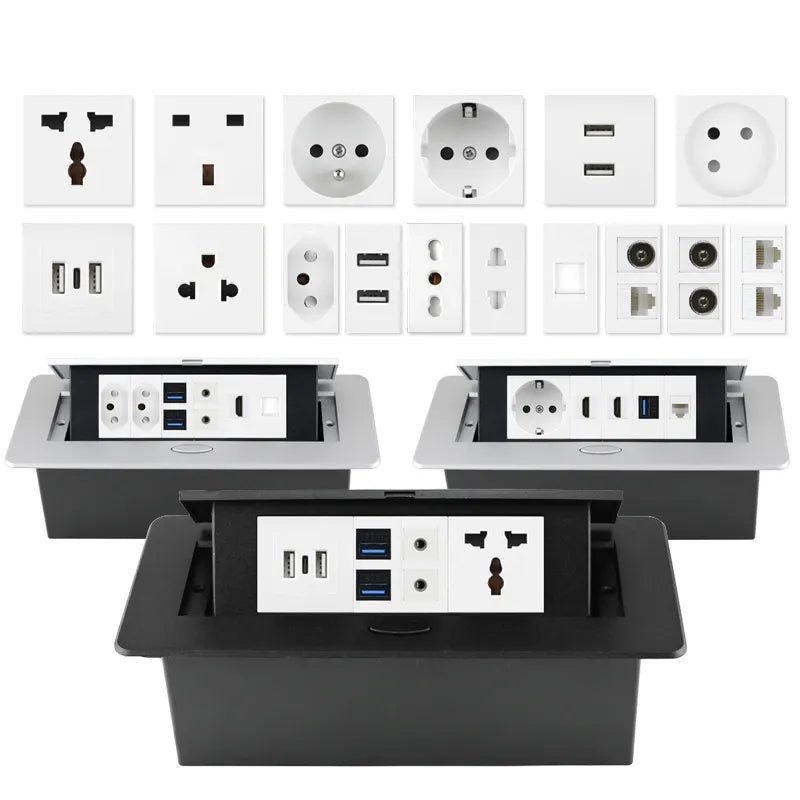 Enchufes Pop-Up de Bricolaje para Mesa de Escritorio con Salida Oculta EU FR AU US y USB HDMI RJ45 Tipo C TV Multifuncional en la Encimera