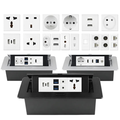 Enchufes Pop-Up de Bricolaje para Mesa de Escritorio con Salida Oculta EU FR AU US y USB HDMI RJ45 Tipo C TV Multifuncional en la Encimera
