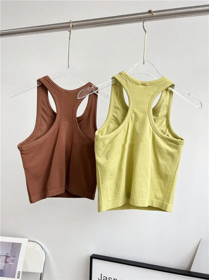 Camiseta Deportiva Sin Mangas de Canalé Sólido para Mujer, Chaleco de Yoga Suave en Forma de Y, Camiseta Transpirable de Secado Rápido para Correr, Cómoda y Extraíble en el Pecho