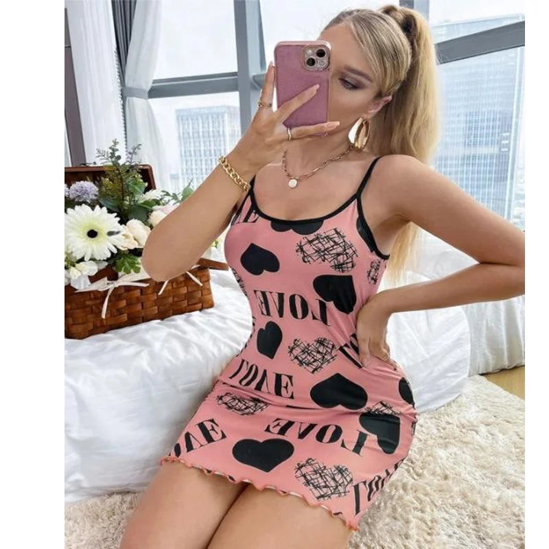 Camisón de belleza con espalda delgada para el hogar, ropa Sexy con cuello Halter, Falda corta, pijama con estampado de dibujos animados de amor, novedad de verano
