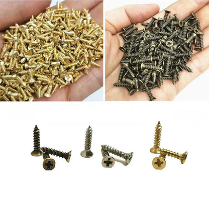 500 Pcs Tornillos de Cabeza Plana para Carpintería | Accesorios de Hardware para Muebles | 2mm a 3mm en Oro, Plata y Bronce