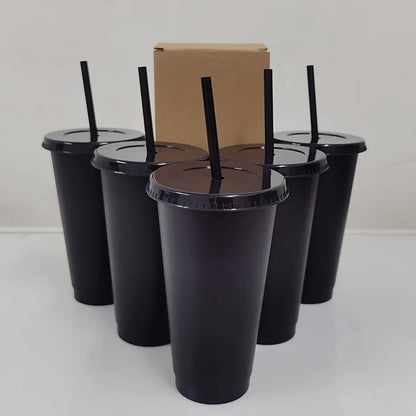 Vasos de Plástico Reutilizables con Tapa y Pajita para Fiesta, Botella Grande de Agua Fría, 5 Piezas, 24.01 oz, para Café Helado y Verano