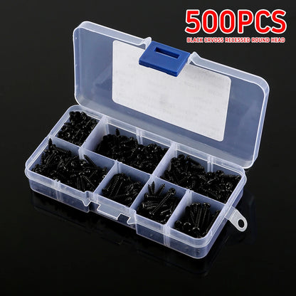 Kit de 500 Tornillos M3 de Acero Carbono - Tornillos Autoperforantes Negras con Cabeza Pan (6/8/10/12/16/18/20mm)