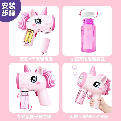 Pistola Eléctrica de Burbujas Unicornio 2024 para Niños - Máquina Automática con Luz, Juguete de Fiesta al Aire Libre