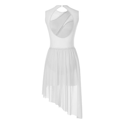Vestido de Patinaje Artístico para Mujer - Traje de Danza Lírica sin Mangas con Espalda Abierta y Dobladillo Irregular