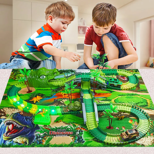 Set de Juguete de Dinosaurios con Pistas Flexibles, Coche de Carreras con Luces Flash, Juguete Educativo para Niños, Regalo de Cumpleaños