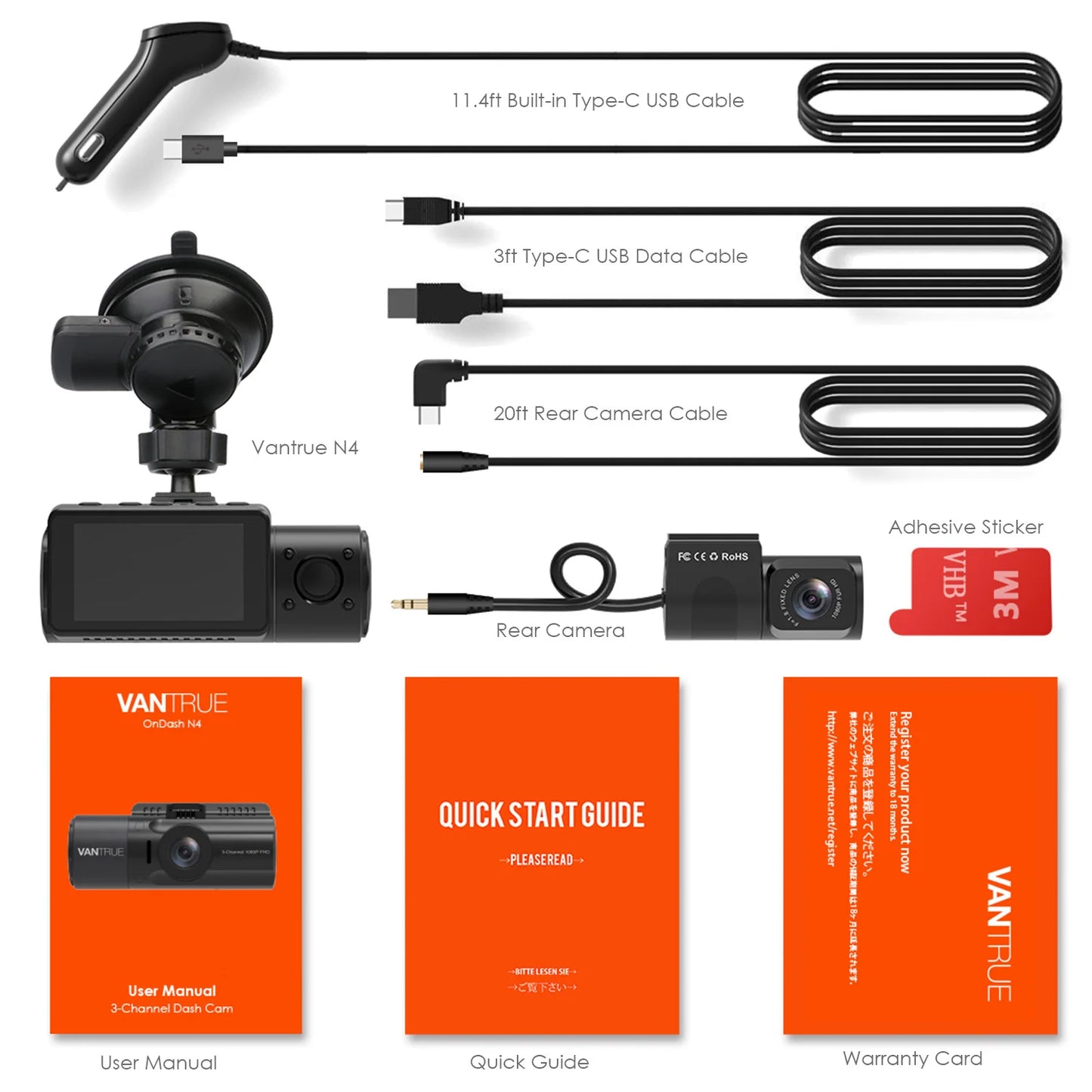 Cámara Vantrue N4 para Autos con Triple Cámara 4K - Visión Nocturna IR, Modo Estacionamiento 24h, Soporte hasta 256GB