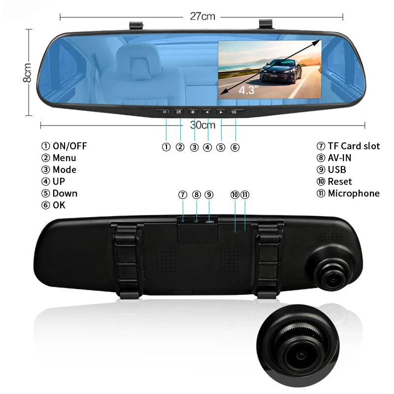 E-ACE Dashcam - Cámara DVR Espejo Retrovisor FHD 1080P con Doble Lente
