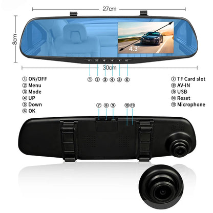 E-ACE Dashcam - Cámara DVR Espejo Retrovisor FHD 1080P con Doble Lente