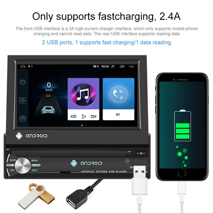Reproductor de Radio para Automóvil TOPSOURCE 1 DIN - Android 12, Pantalla Retráctil de 7", GPS, WiFi, CarPlay, Bluetooth, FM