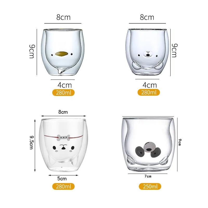 Taza de Vidrio Doble 280ML con Diseño de Animales | Gato, Perro, Oso | Taza Transparente para Café, Té, Leche, Jugo o Vino | Ideal para Cumpleaños