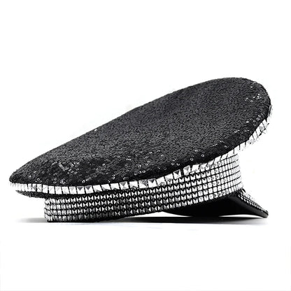 Sombrero Militar de Lujo para Mujer Decorado con Rhinestones | Gorra de Capitán para Bodas, Fiestas de Cumpleaños y Festivales - Estilo Casual