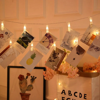 Luces LED de Cuerda con Clips para Fotos – Decoración Navideña y para Fiestas, Funciona a Batería