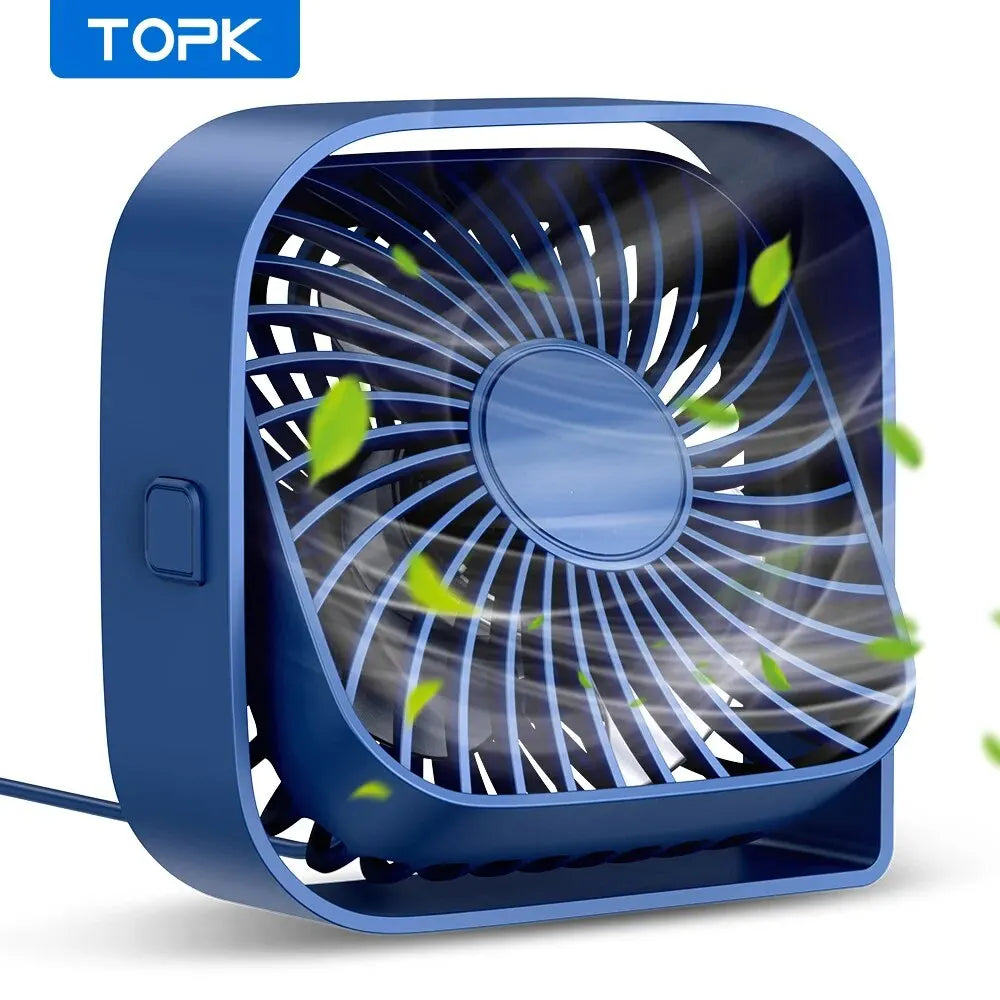 TOPK Mini Ventilador Portátil USB de Escritorio con Cabezal Giratorio 360°, 3 Velocidades Silenciosas para Oficina, Hogar y Camping