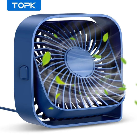 TOPK Mini Ventilador Portátil USB de Escritorio con Cabezal Giratorio 360°, 3 Velocidades Silenciosas para Oficina, Hogar y Camping