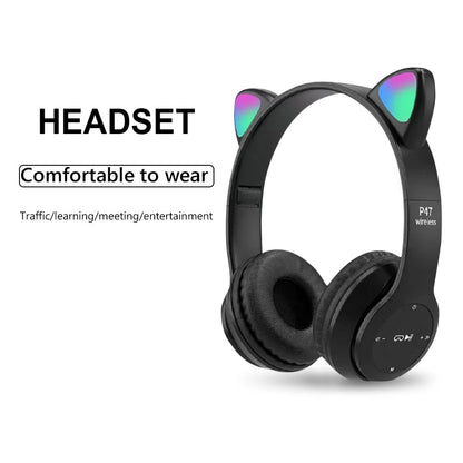 Auriculares con orejas de gato para niños y niñas, audífonos inalámbricos con luz LED RGB, estéreo, Bluetooth, música, PC, regalo para jugadores