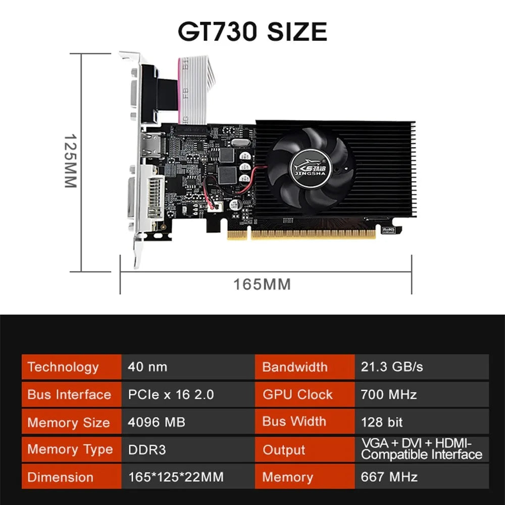Tarjeta Gráfica Nvidia GT 730 4GB DDR3 - PCIe X16 2.0 con Puertos HDMI, VGA y DVI para PC de Escritorio