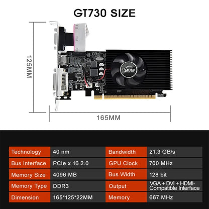 Tarjeta Gráfica Nvidia GT 730 4GB DDR3 - PCIe X16 2.0 con Puertos HDMI, VGA y DVI para PC de Escritorio