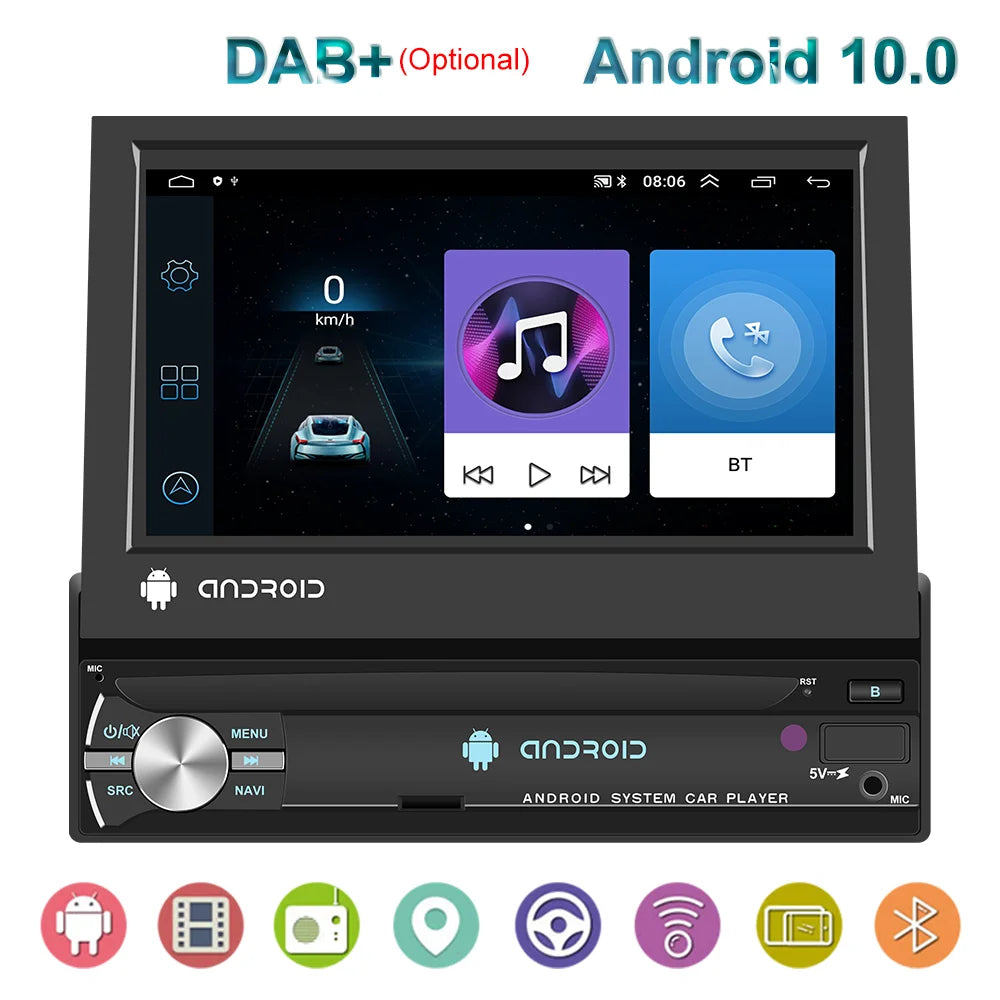 Reproductor de Radio para Automóvil TOPSOURCE 1 DIN - Android 12, Pantalla Retráctil de 7", GPS, WiFi, CarPlay, Bluetooth, FM