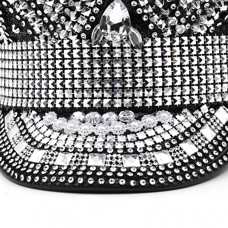 Sombrero Militar de Lujo para Mujer Decorado con Rhinestones | Gorra de Capitán para Bodas, Fiestas de Cumpleaños y Festivales - Estilo Casual