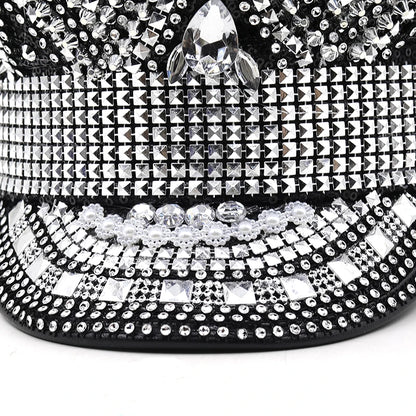 Sombrero Militar de Lujo para Mujer Decorado con Rhinestones | Gorra de Capitán para Bodas, Fiestas de Cumpleaños y Festivales - Estilo Casual