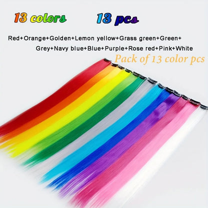 Extensiones de Cabello Liso para Niña, Extensiones de Cabello Sintético Multicolor Y2K, 13 Colores, Fiesta