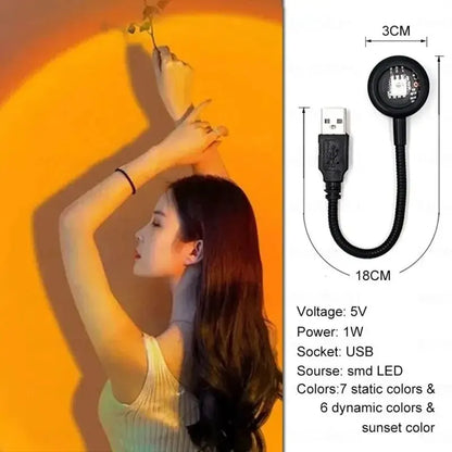 Lámpara LED de Atardecer USB con Efecto Arcoíris, Luz Nocturna para Fotografía Móvil, Iluminación Ambiental para Decoración de Dormitorio